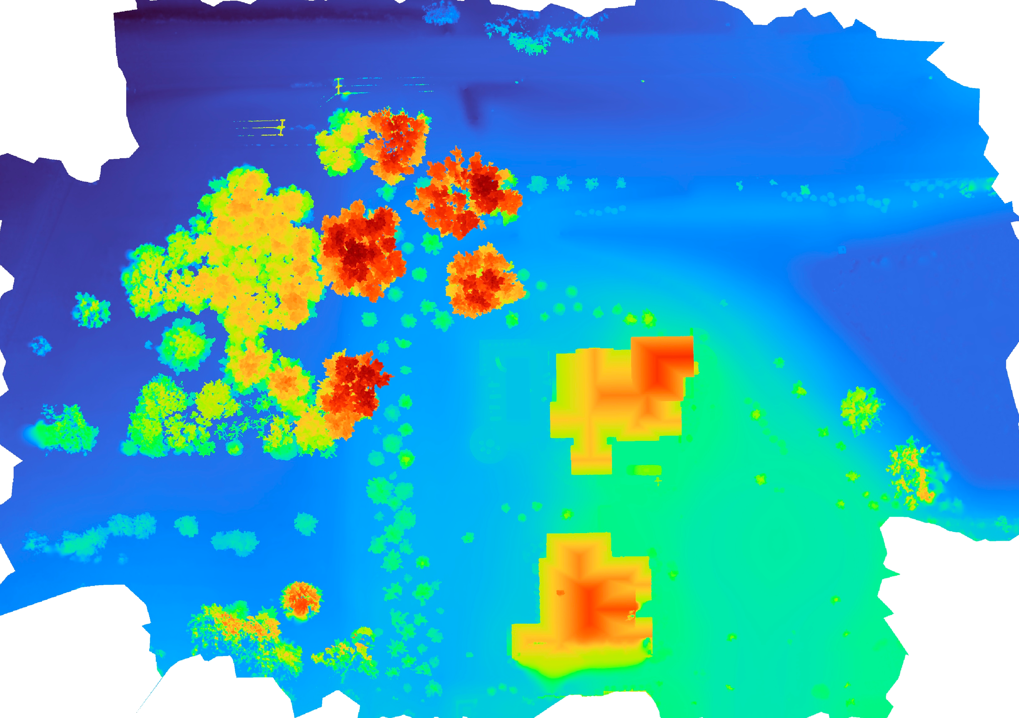 High-detail colorized RGB-derived digital surface model of the wooded estate, tree canopy standing up in warm colors above the two building footprints and graded grounds