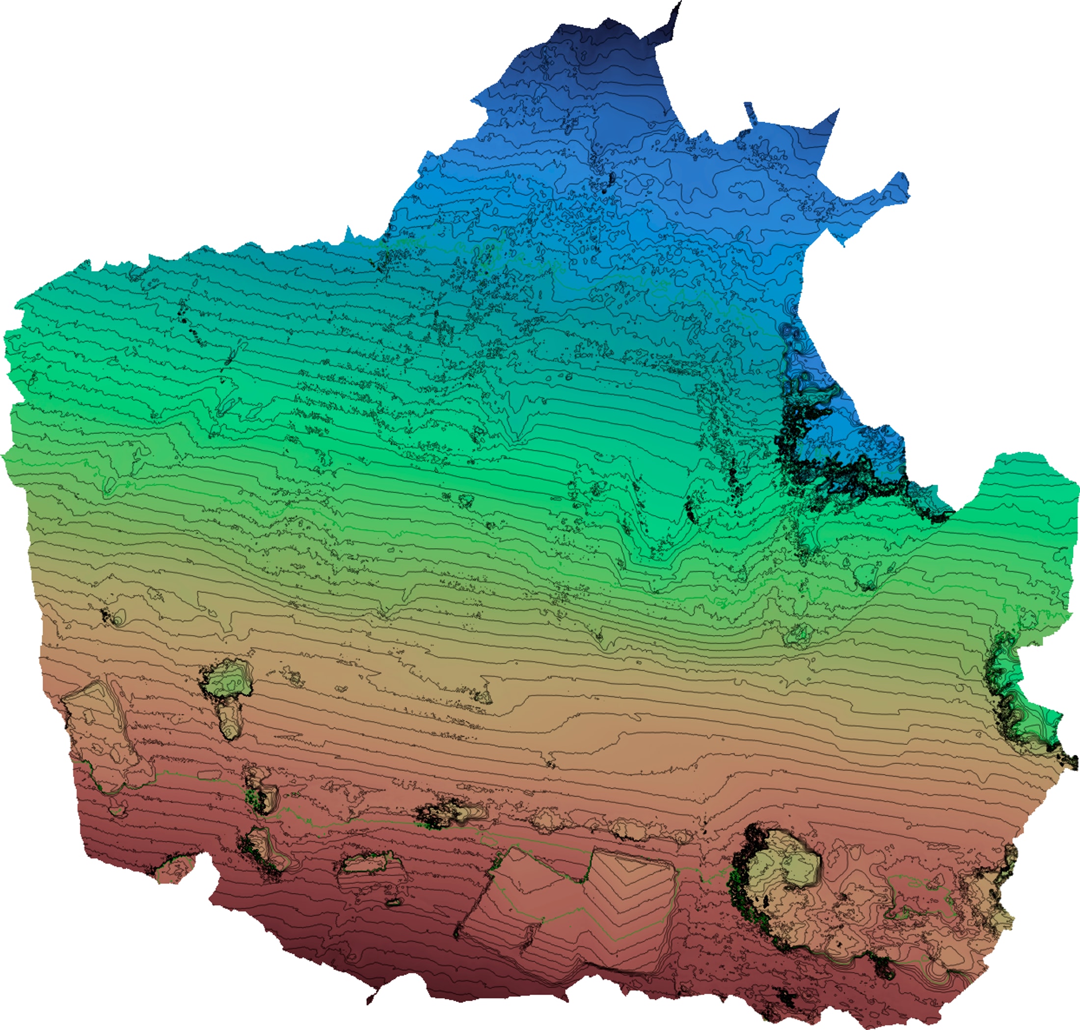 Colorized digital terrain model processed from aerial mapping data, shaded by elevation from deep blue high ground through green and tan to red-brown low ground, overlaid with dense contour lines across the full site