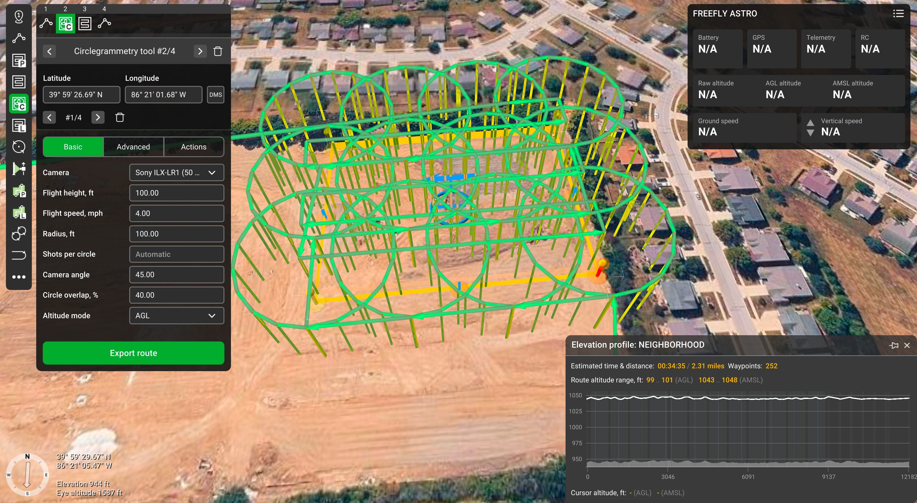 UgCS mission planner laying out circlegrammetry orbits and camera parameters over a project area, with a Freefly Astro telemetry panel and route elevation profile