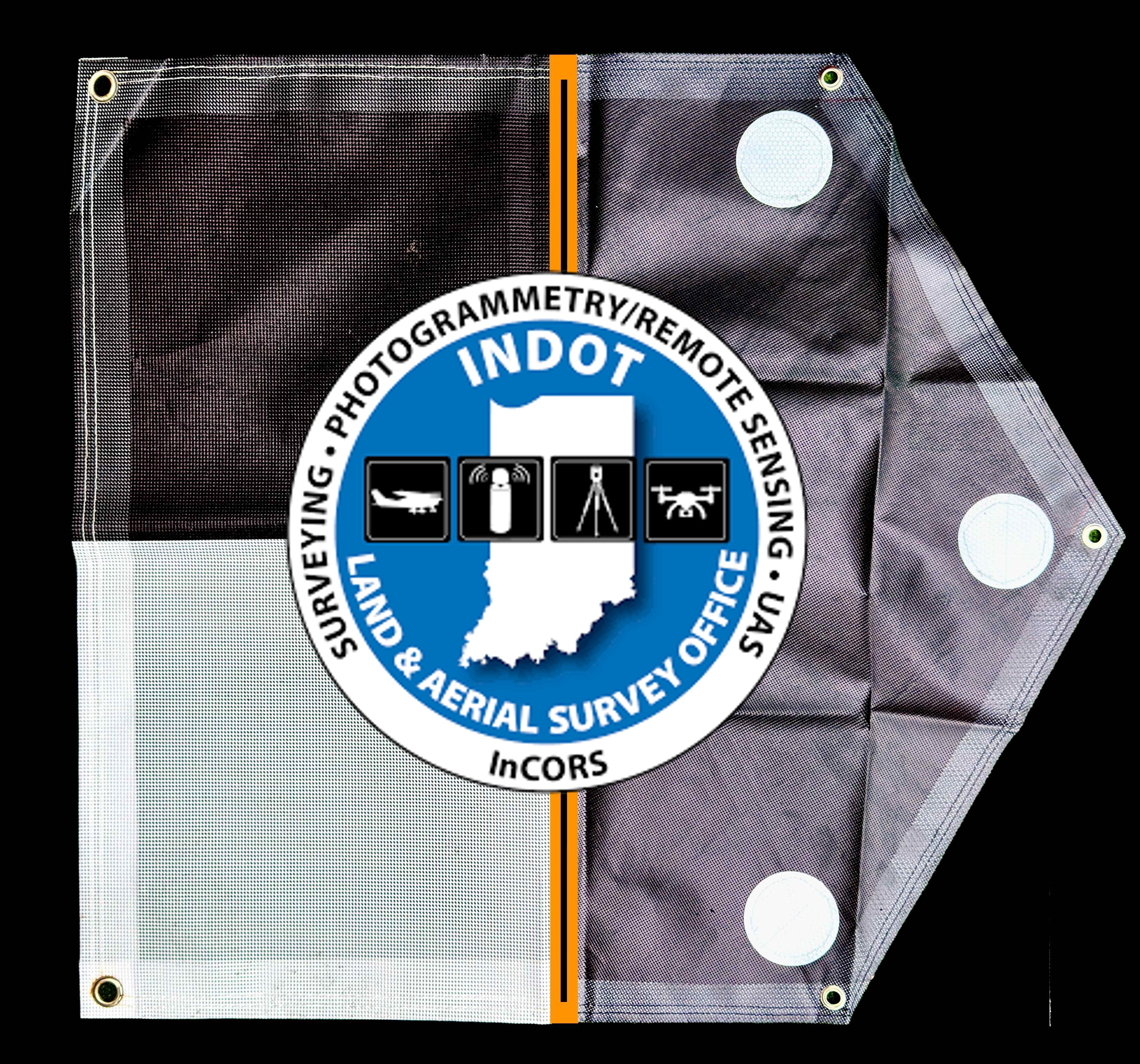 Dual LiDAR and RGB ground control target with INCORS badge, surveyed against the INDOT InCORS network