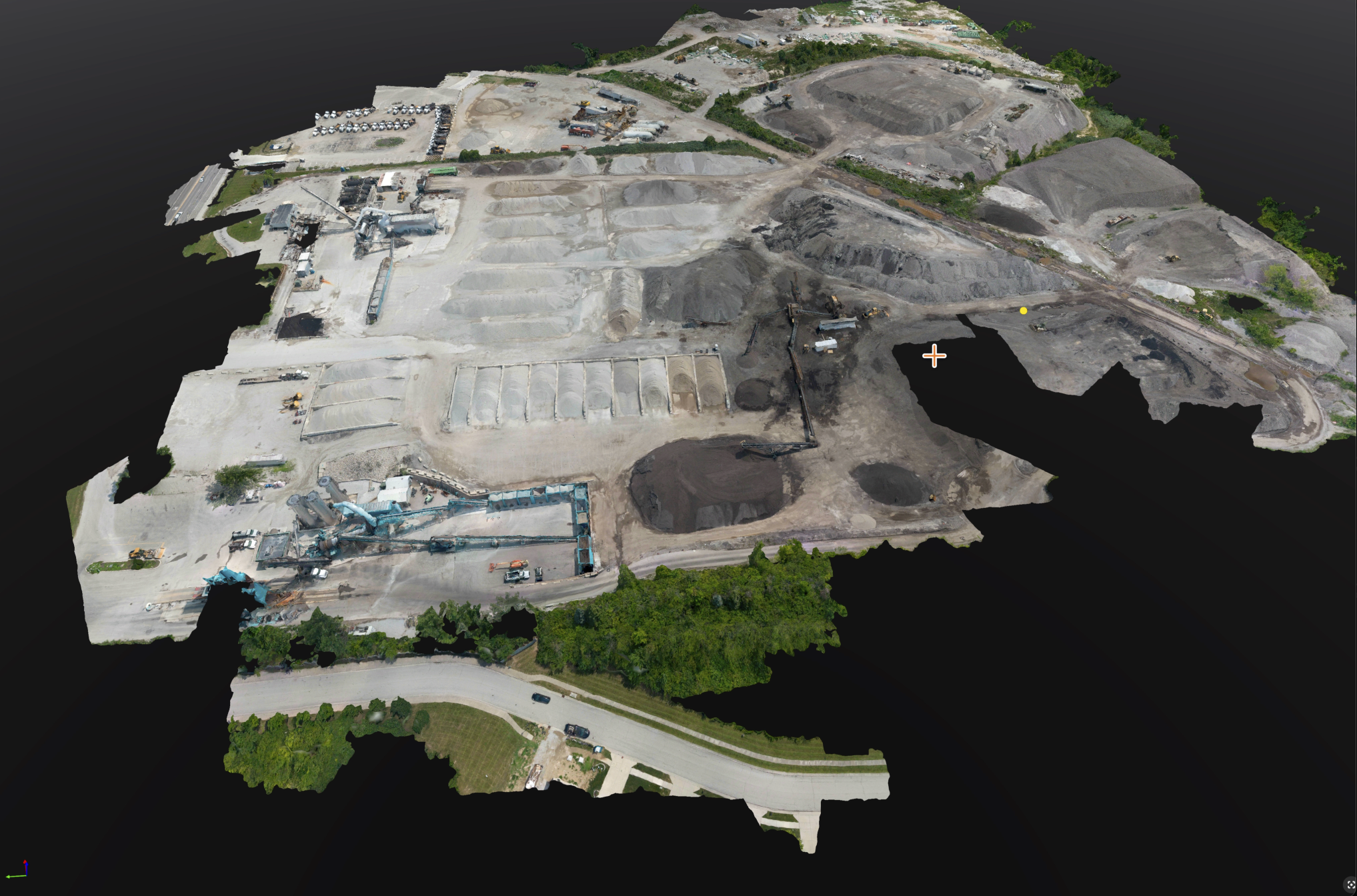 Textured 3D photogrammetry reconstruction of an entire aggregate processing facility showing stockpile rows, conveyors, plant equipment, and haul roads, produced in Pix4Dmatic