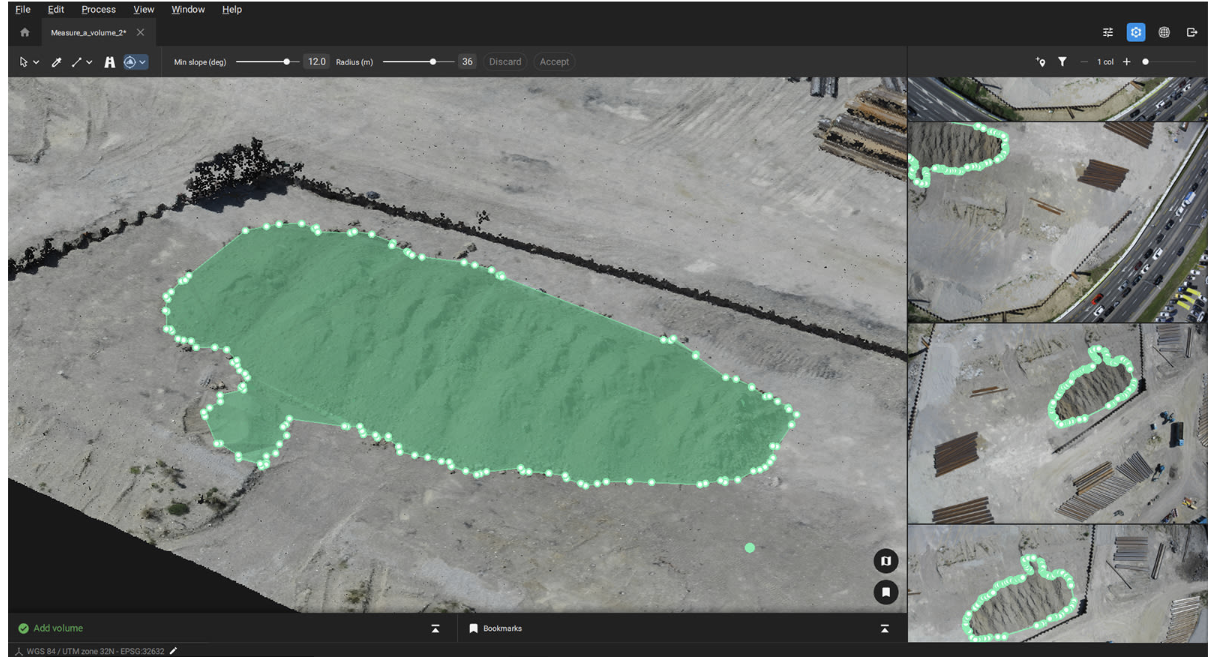 Photogrammetry software measuring the volume of an aggregate stockpile, with the pile outlined by a green boundary polygon and shaded to represent the computed volume