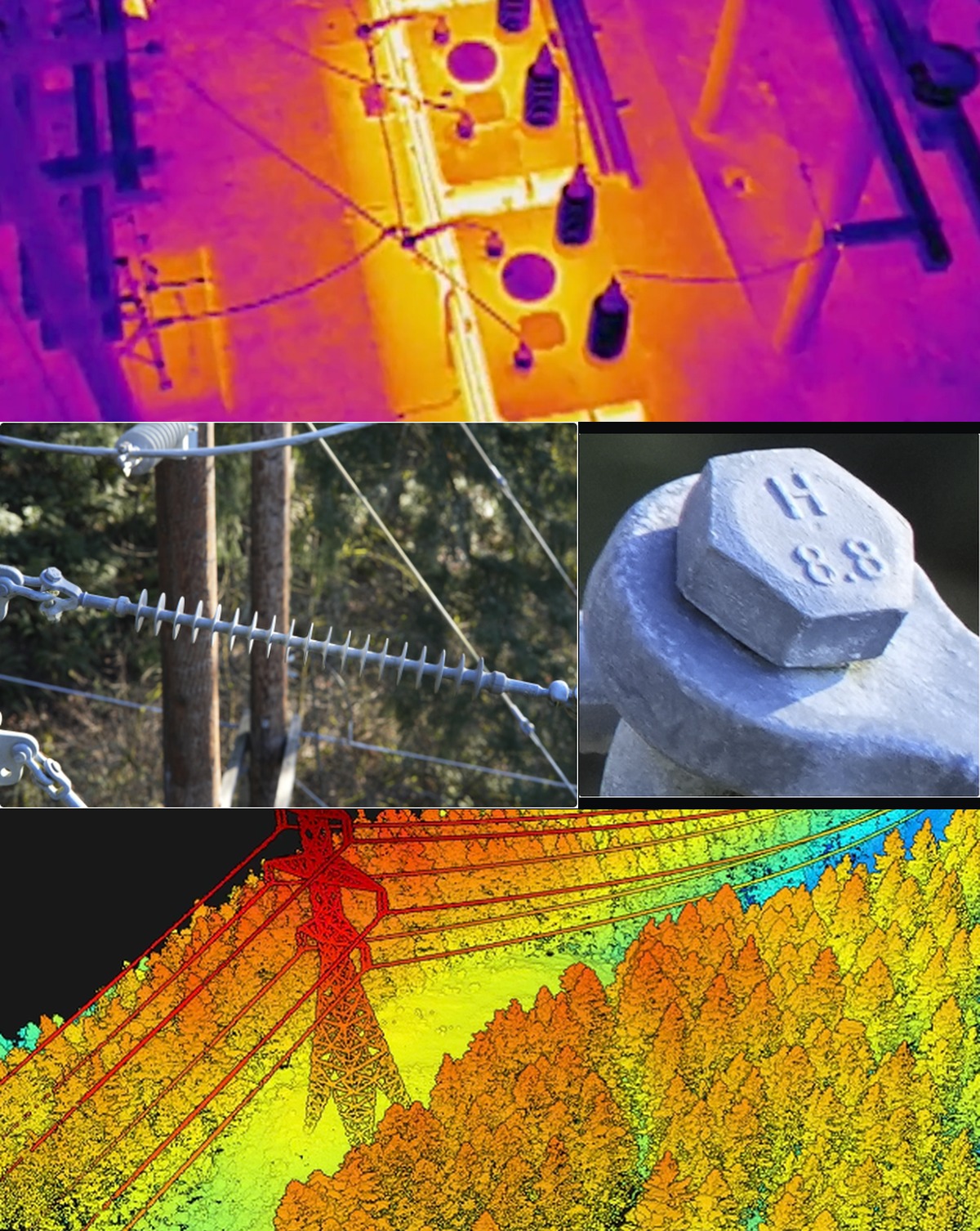 MIR multi-sensor utility inspection composite: aerial radiometric thermal of a substation, high-resolution RGB of an insulator string and a galvanized bolt, and a colorized LiDAR point cloud of a transmission corridor