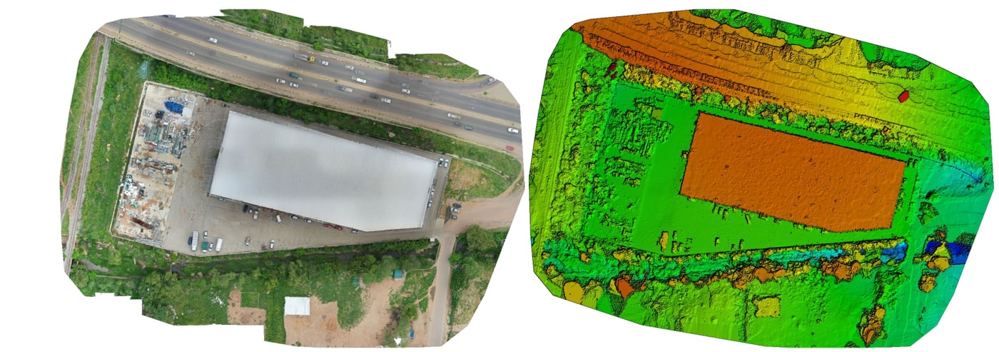 Side-by-side aerial deliverables of the same site — a true-color orthomosaic next to a colorized elevation surface model