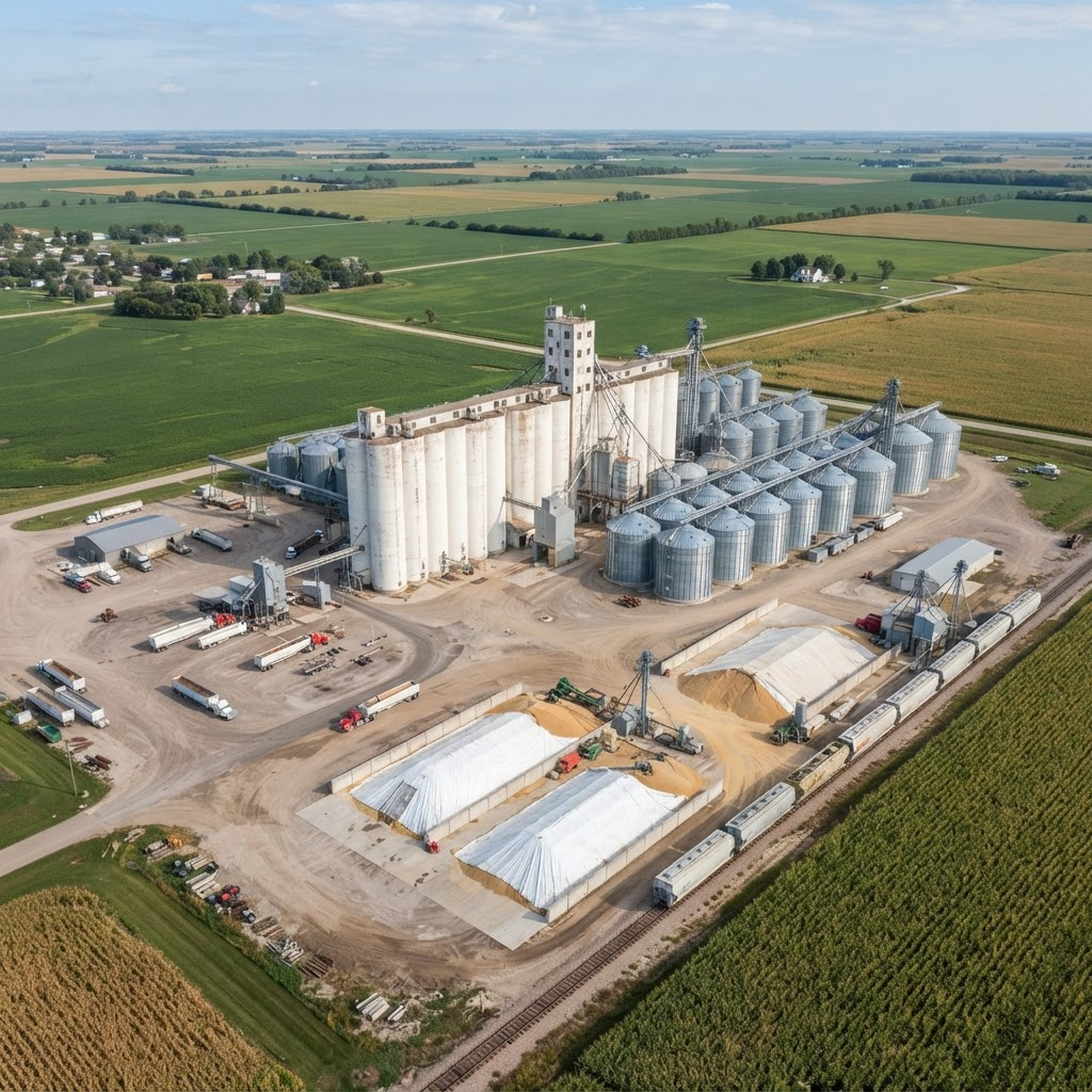 Aerial view of a grain storage and handling facility with concrete silos, steel grain bins, an elevator, and open grain piles surrounded by farmland