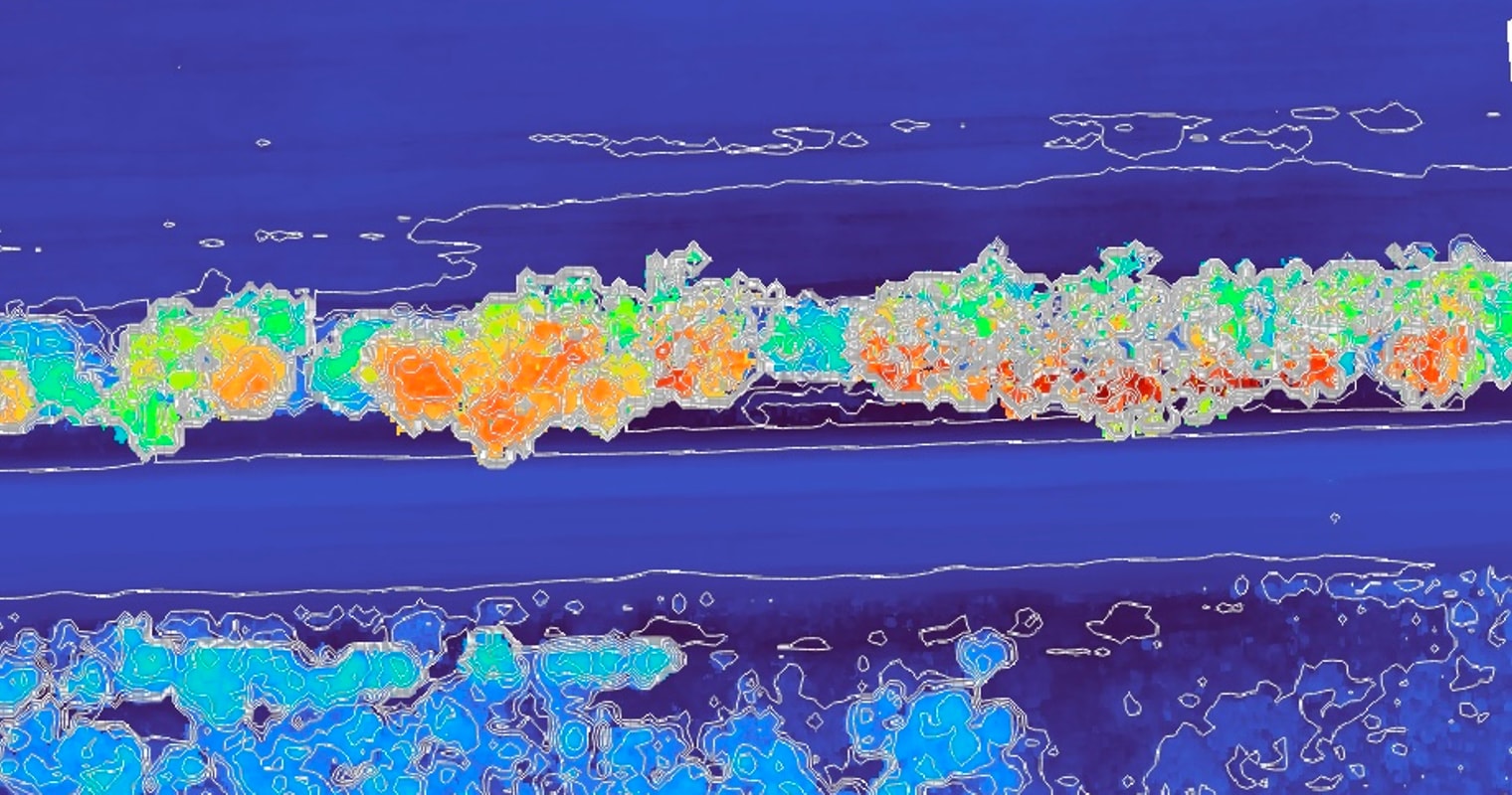 Colorized elevation model of the rail corridor overlaid with white contour lines tracing terrain and vegetation heights