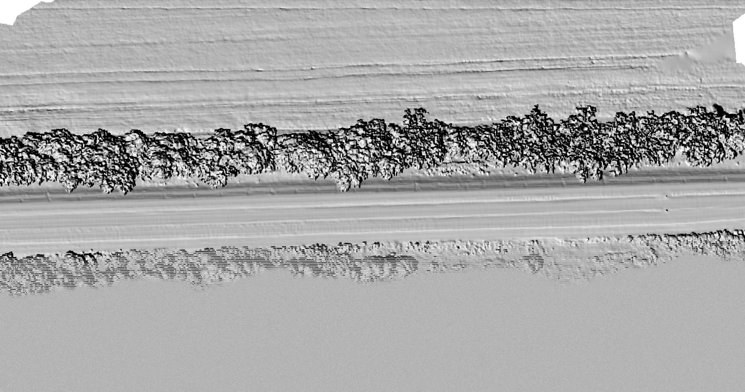 Grayscale hillshade digital terrain model of the rail corridor, showing shaded relief of the two treelines flanking the smooth graded track bed