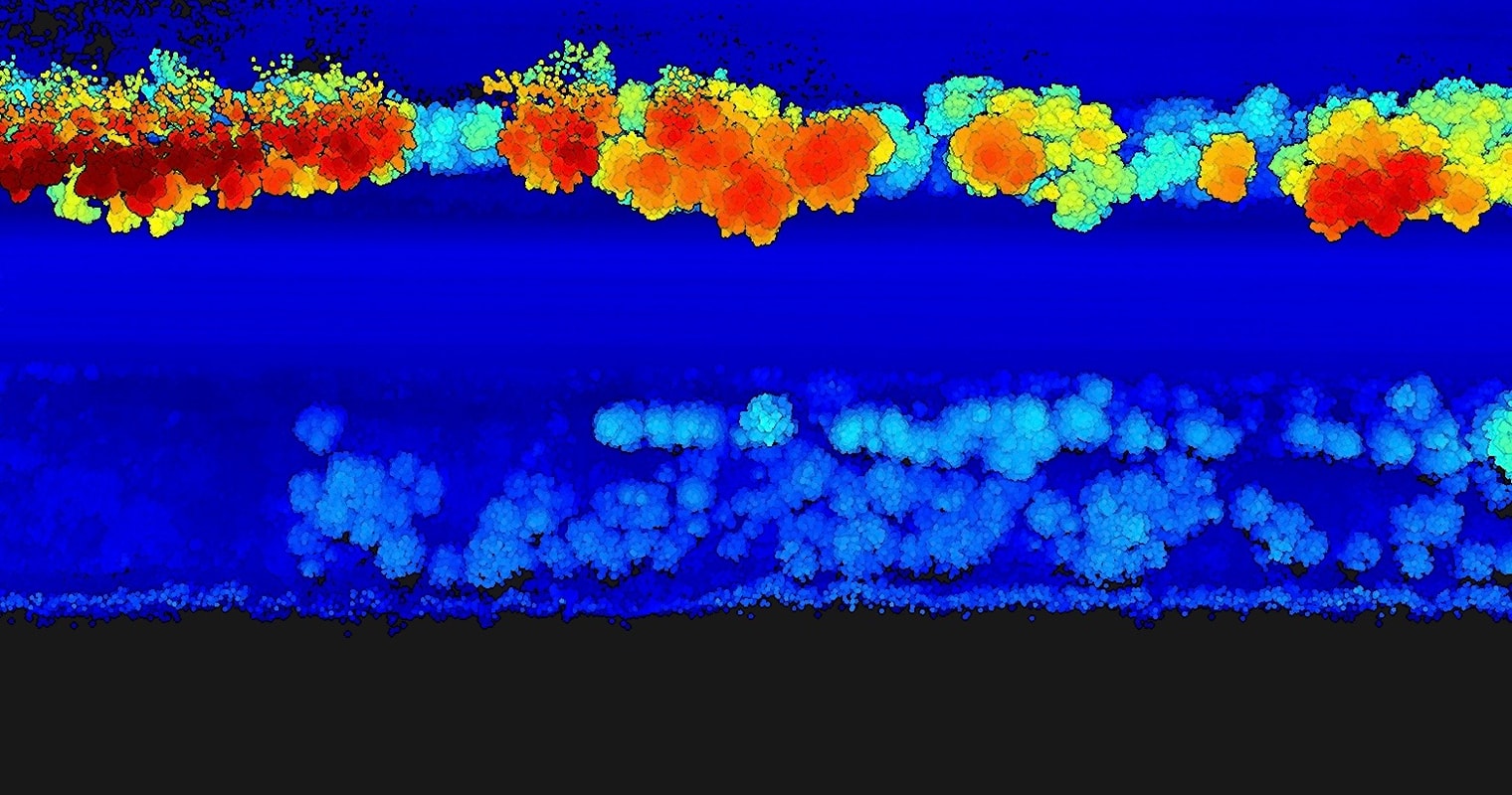 Classified LiDAR point cloud of the rail corridor colorized by elevation, resolving the track bed and the height of the adjacent tree canopy