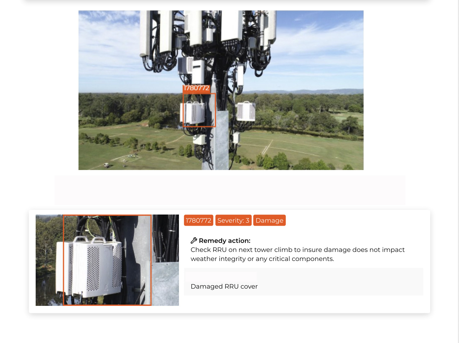 Annotated cell tower RRU damage finding rated severity 3 in Scopito