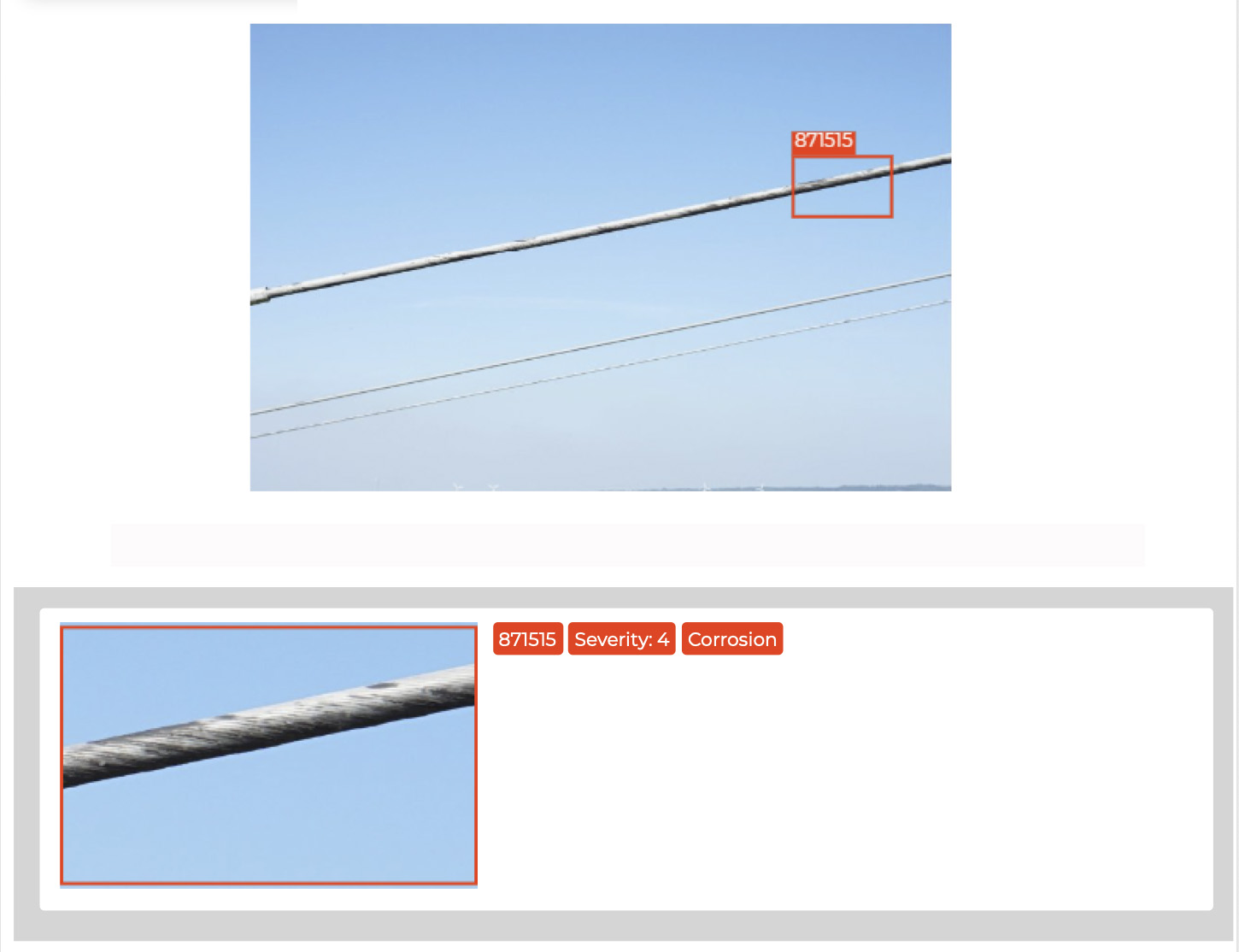 Annotated power line corrosion finding rated severity 4 in Scopito