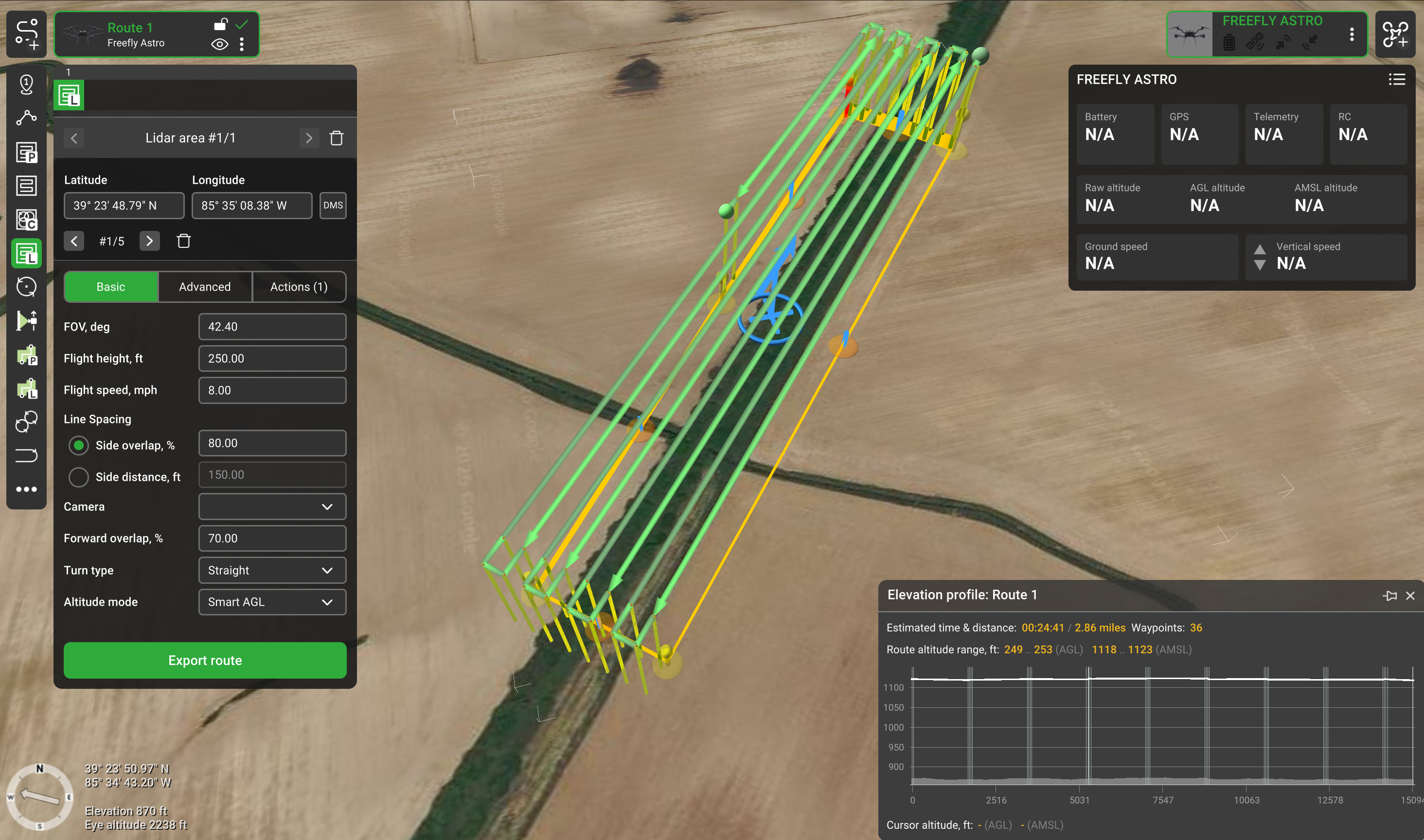 UgCS mission-planning screen showing a Freefly Astro LiDAR corridor route over a rail grade crossing, with flight parameters, waypoints, and an elevation profile