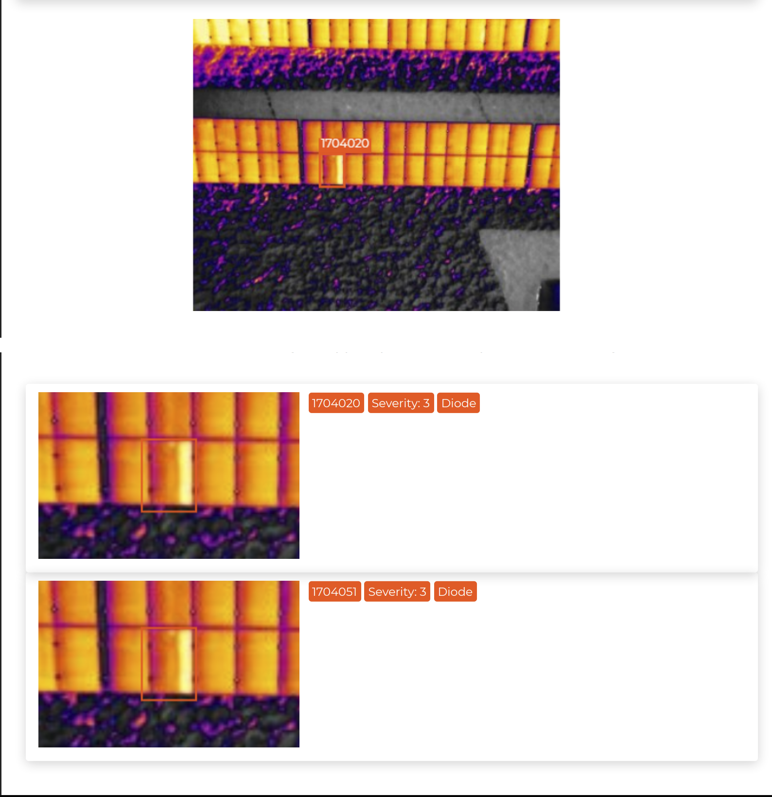 Radiometric thermal solar imagery with two Severity 3 bypass-diode failures boxed on adjacent panel strings