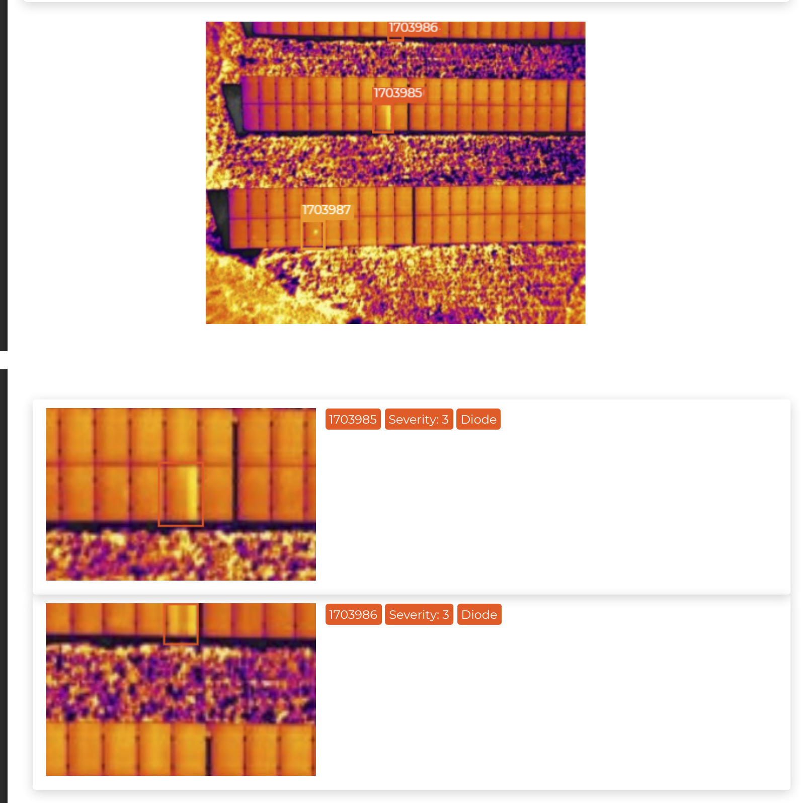 Radiometric thermal solar imagery with adjacent Severity 3 bypass-diode failures annotated across multiple rows