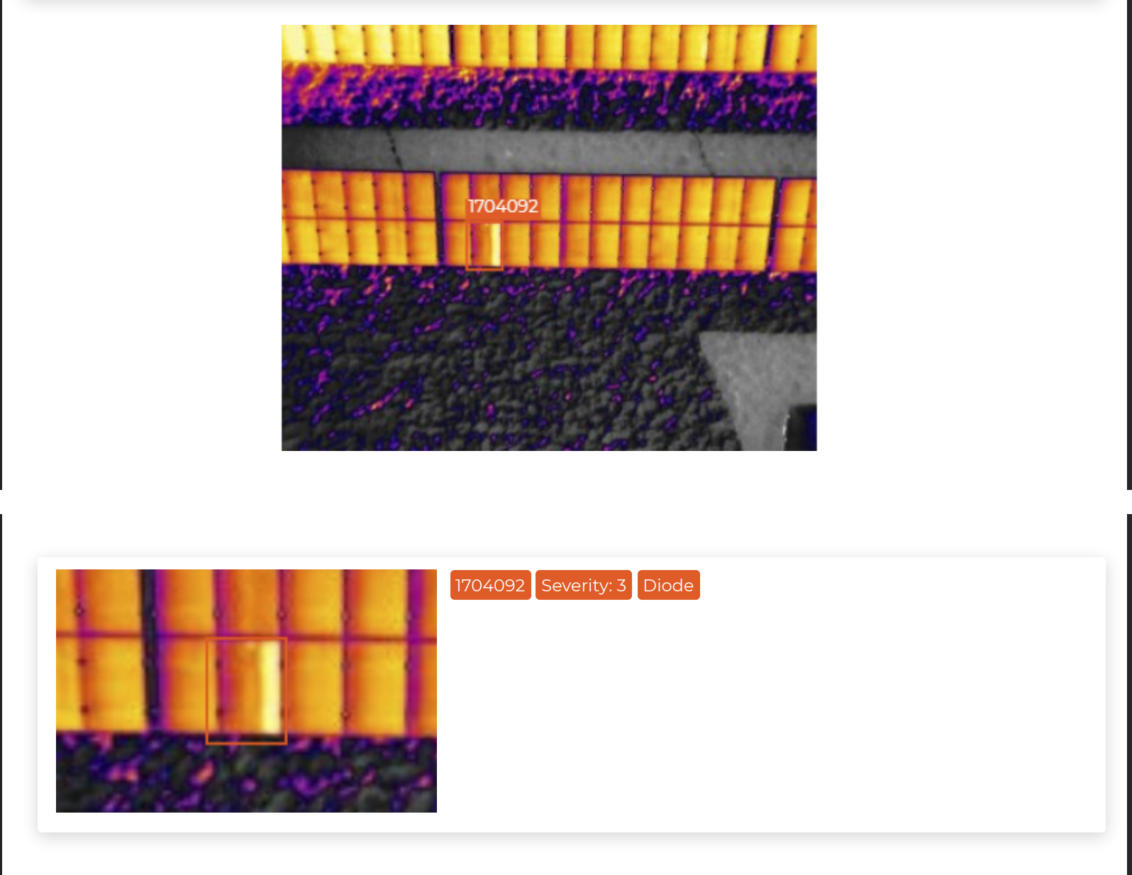 Radiometric thermal solar imagery with a single bypass-diode failure rated Severity 3 boxed on the array
