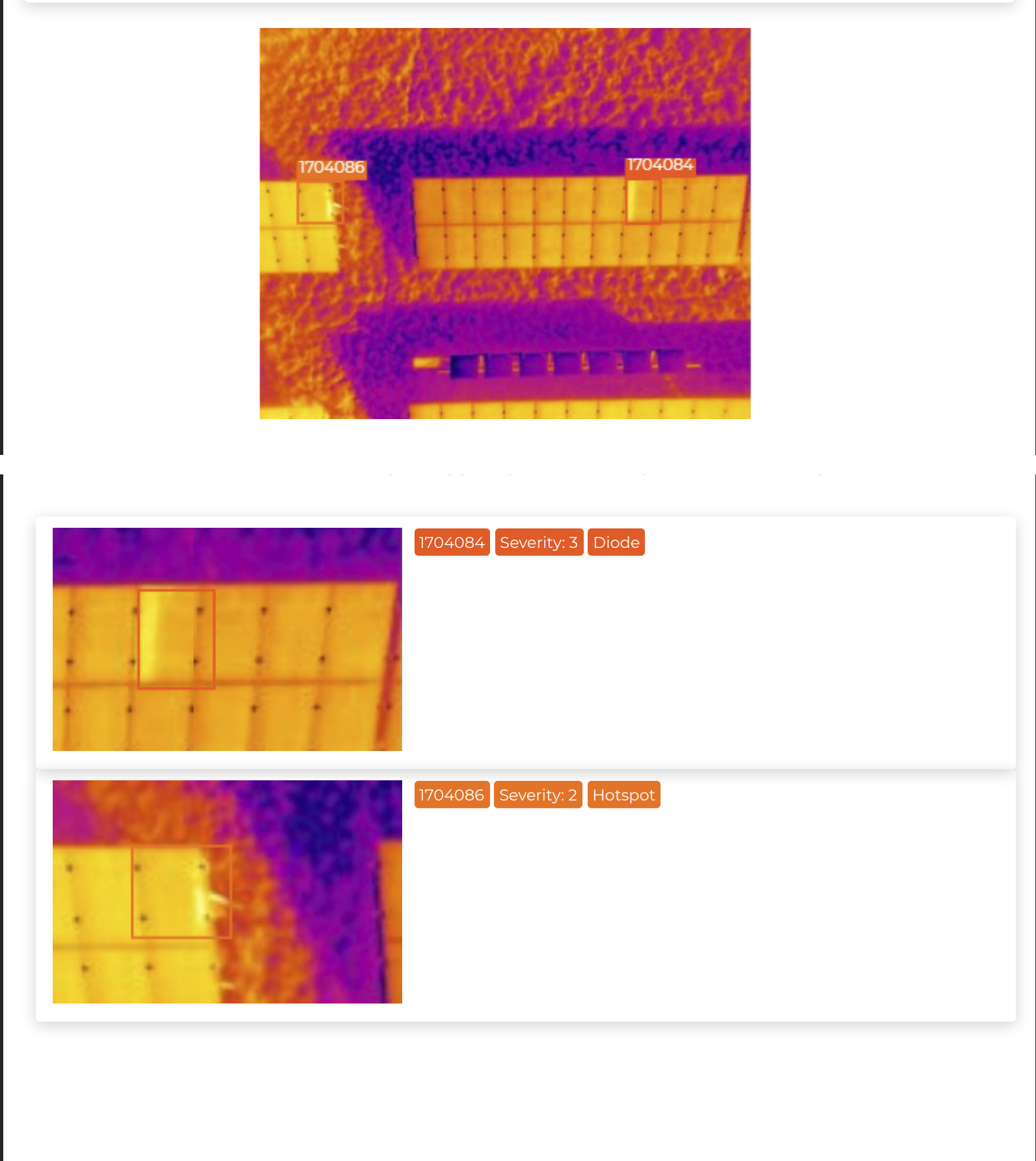 Thermal solar imagery showing a bypass diode failure Severity 3 and a cell hotspot Severity 2 annotated on the array