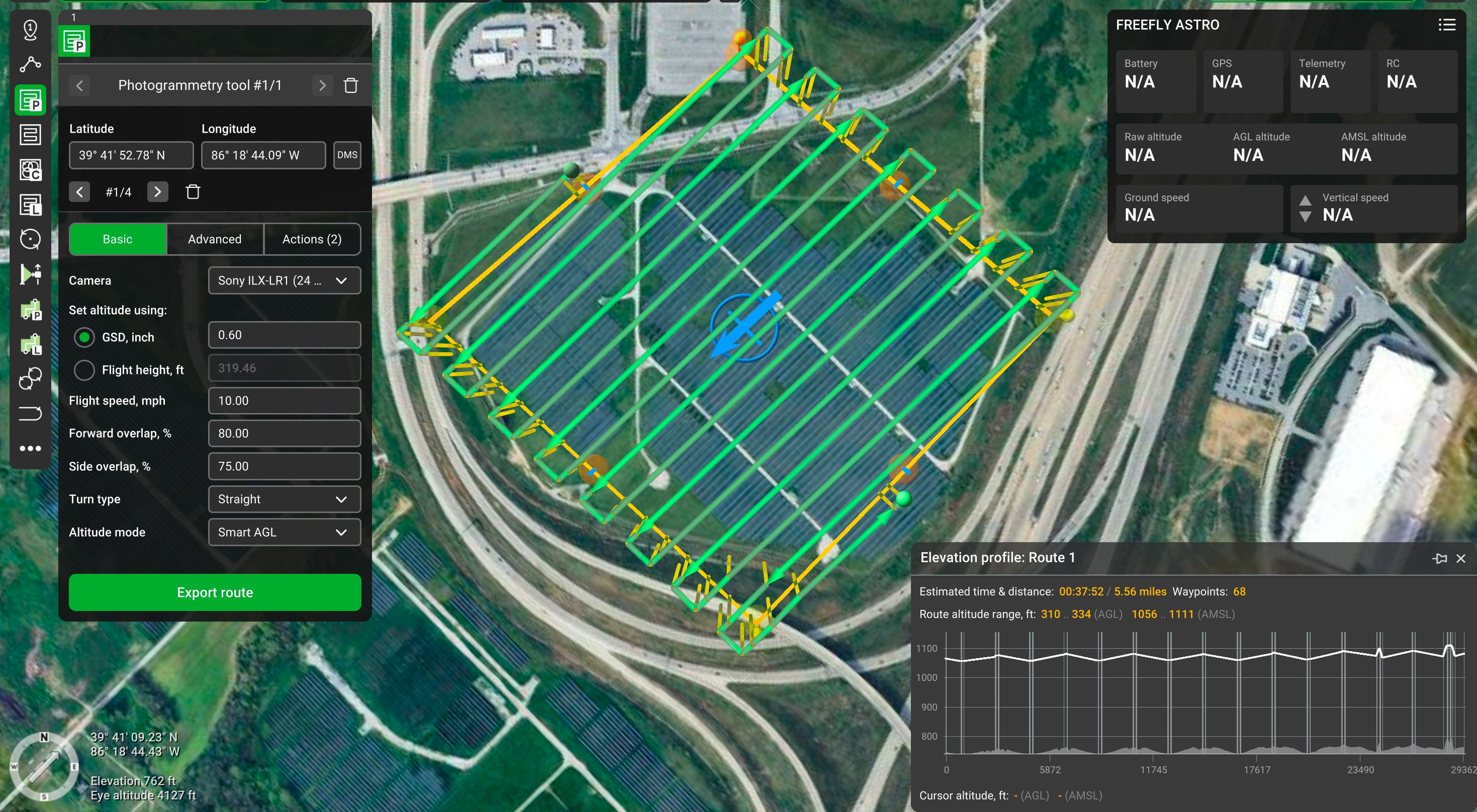 UgCS photogrammetry planner over a solar array showing a serpentine grid route, GSD and overlap settings, Freefly Astro telemetry panel, and route elevation profile