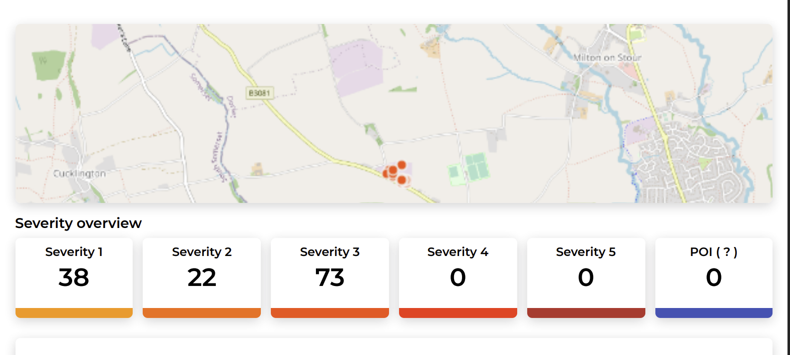 Scopito solar report severity overview with a site map and counts of anomalies by severity level across the array