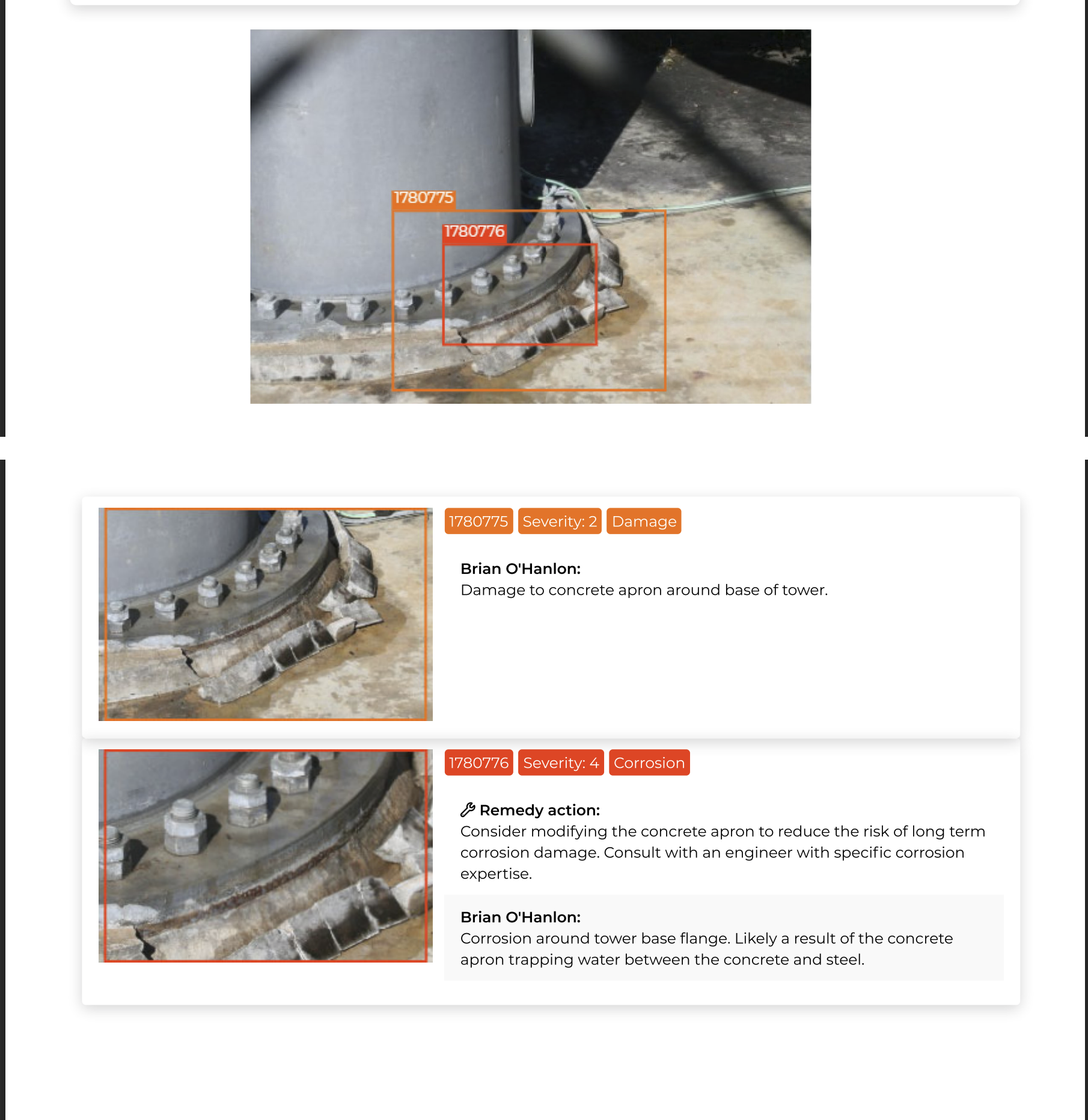 Annotated Scopito image of a tower base flange showing corrosion around the base ring and damage to the concrete apron, rated Severity 4 Corrosion