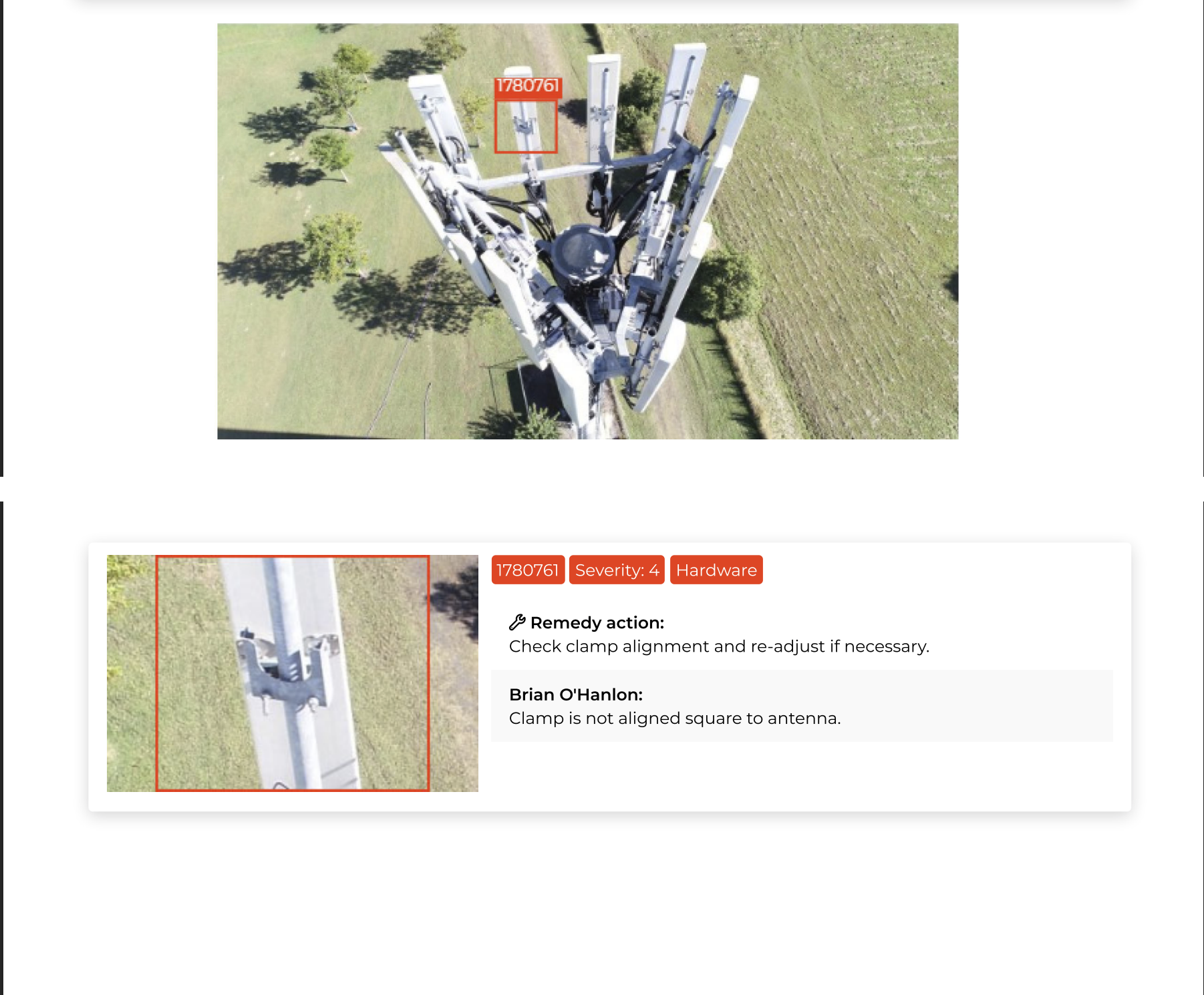 Annotated Scopito top-down image of an antenna mount clamp that is not aligned square to the antenna, rated Severity 4 Hardware