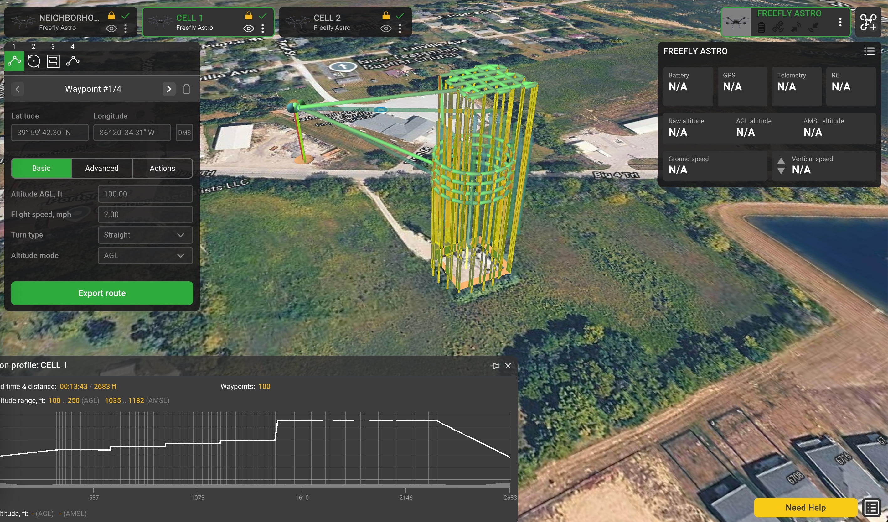 UgCS mission planner showing a 3D circlegrammetry orbit around a cell tower on a Freefly Astro route with waypoints, altitude profile, and telemetry panel