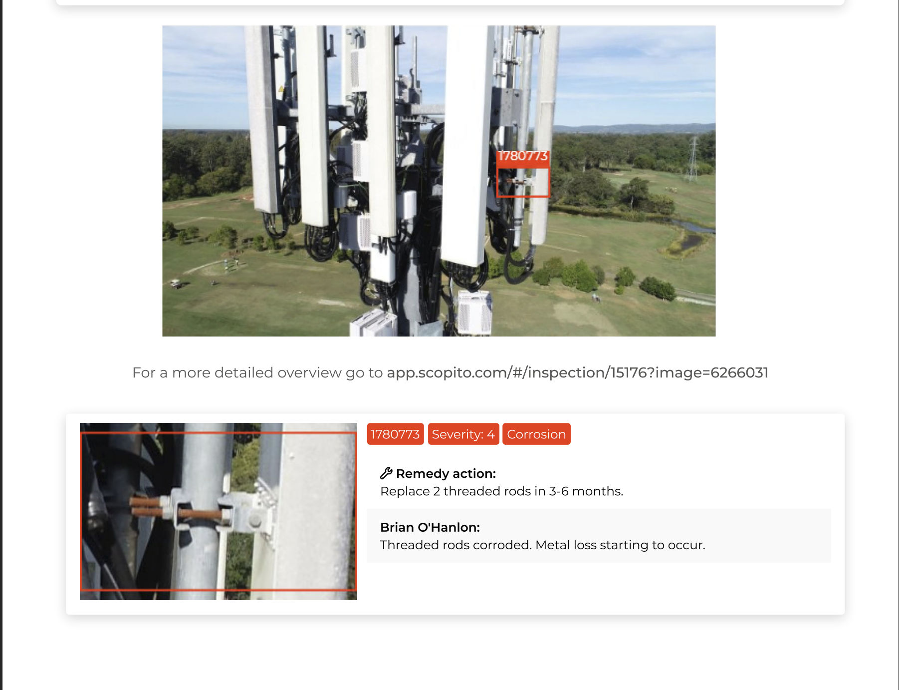 Scopito cell-tower report page showing a severity-4 corrosion finding on threaded rods with an annotated antenna photo, remedy action, and reviewer notes