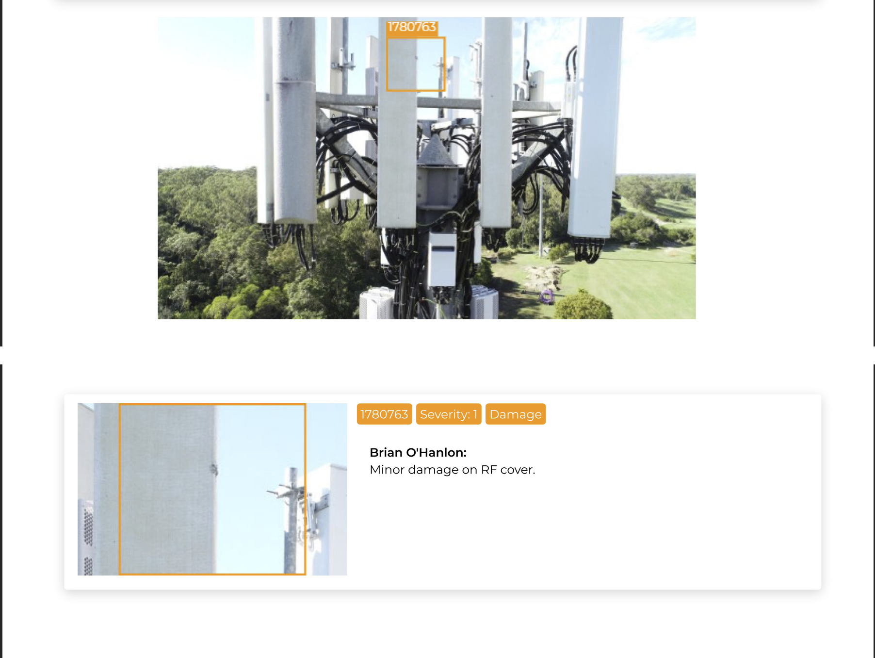 Annotated Scopito image of a panel antenna RF cover with minor surface damage, rated Severity 1 Damage