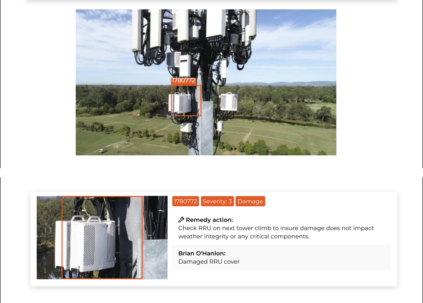 Annotated Scopito image of a cell tower RRU with a bounding box marking a damaged RRU cover, rated Severity 3 Damage