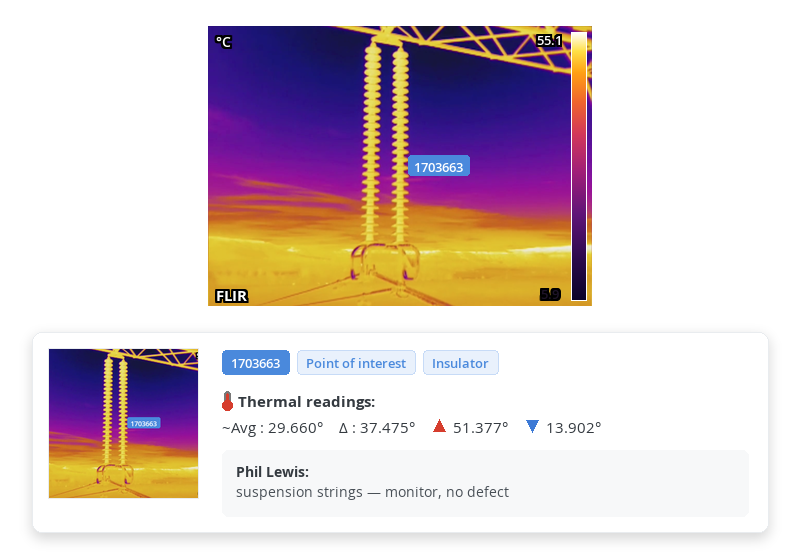 Scopito radiometric thermal report of two suspension insulator strings hanging from a transmission crossarm, with average, delta, maximum, and minimum temperature readings