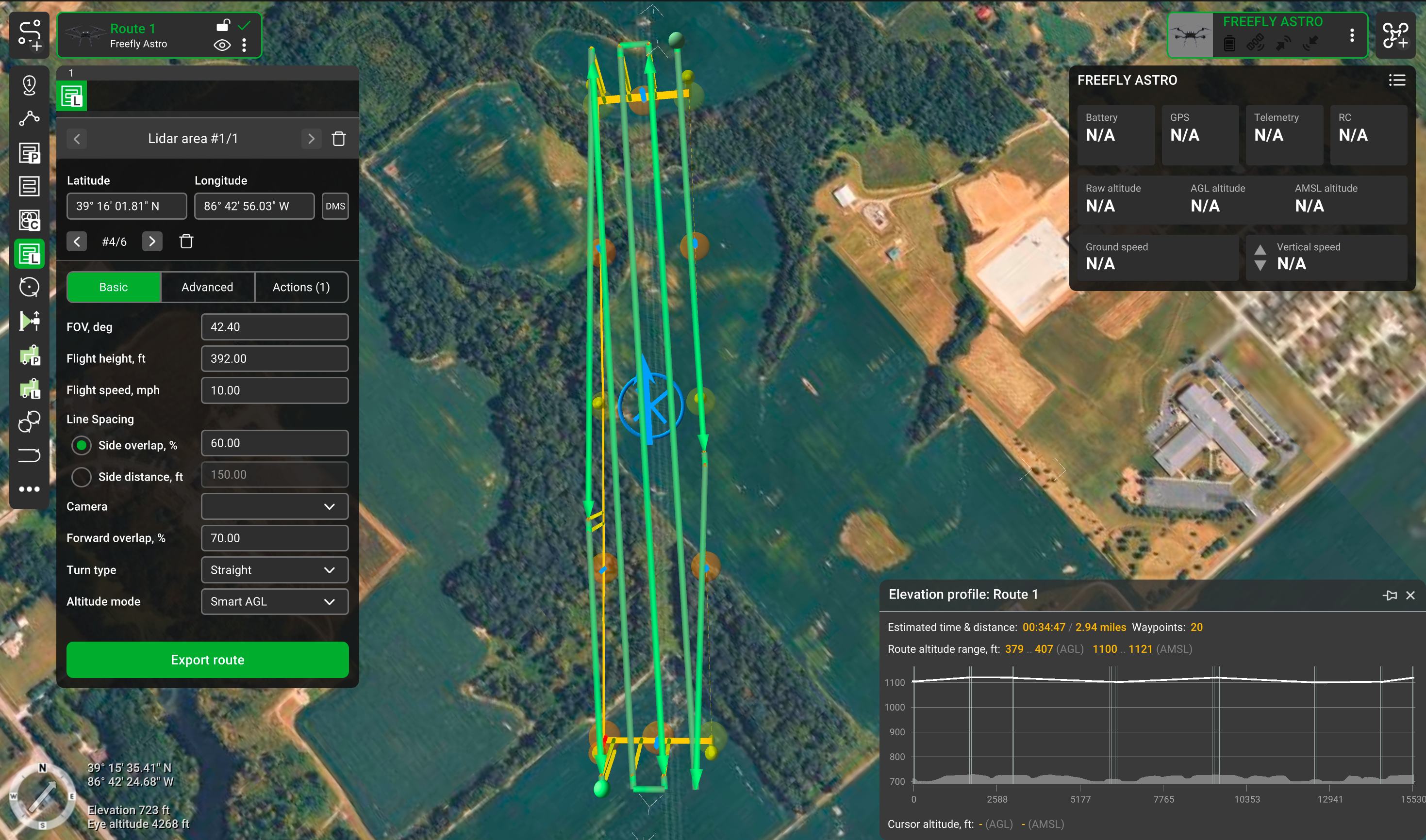 UgCS LiDAR-area mission planner showing a corridor survey route over a rural utility site, with FOV, flight height, and overlap settings, the Freefly Astro telemetry panel, and a route elevation profile