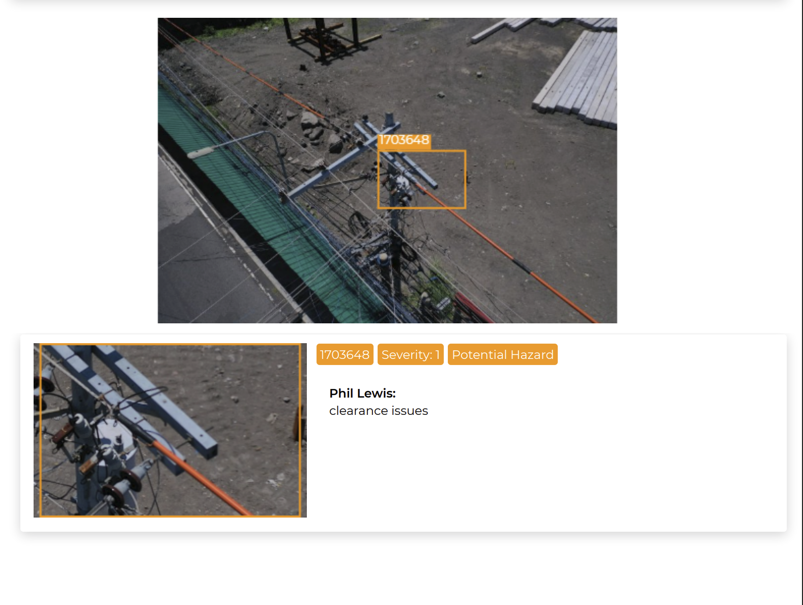 Scopito RGB report of a power pole crossarm rated Severity 1 as a potential hazard for clearance issues