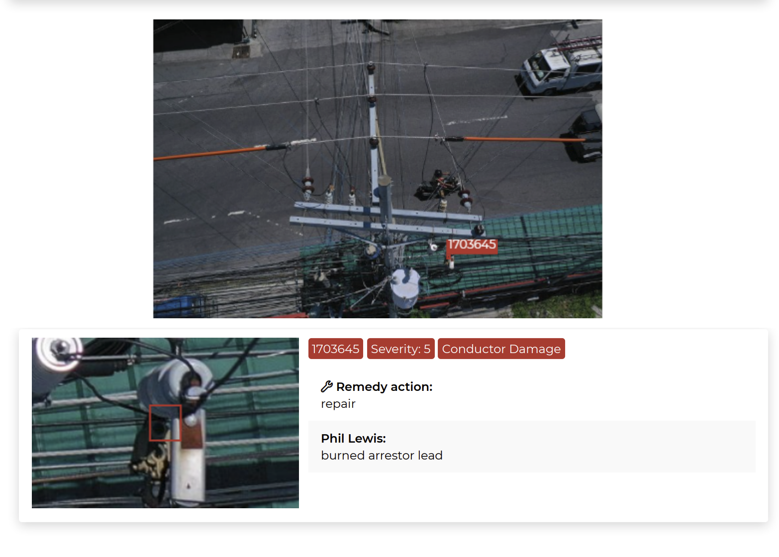 Scopito RGB report of a pole at a street intersection showing a burned arrestor lead rated Severity 5 conductor damage with a repair remedy action