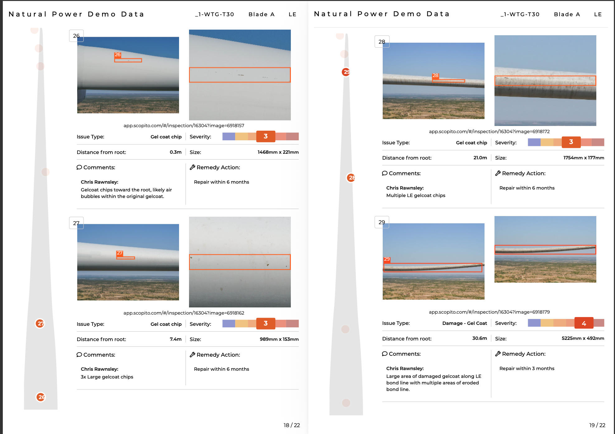 Scopito Blade A leading-edge pages showing gel-coat chips and a large area of damaged gel coat rated Severity 4