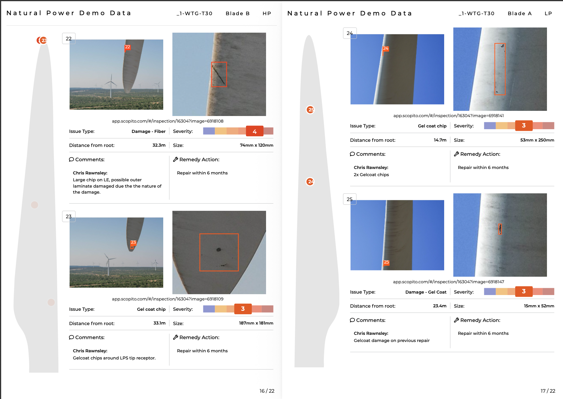 Scopito Blade B pages showing fiber damage rated Severity 4 and gel-coat chips with measured sizes