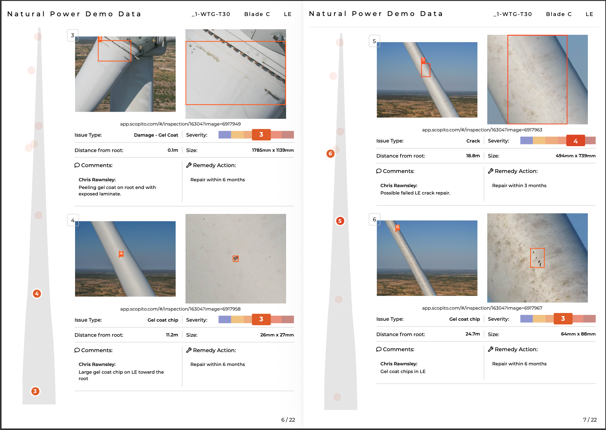 Scopito Blade C leading-edge pages showing an annotated crack rated Severity 4 with size, distance from root, and remedy action
