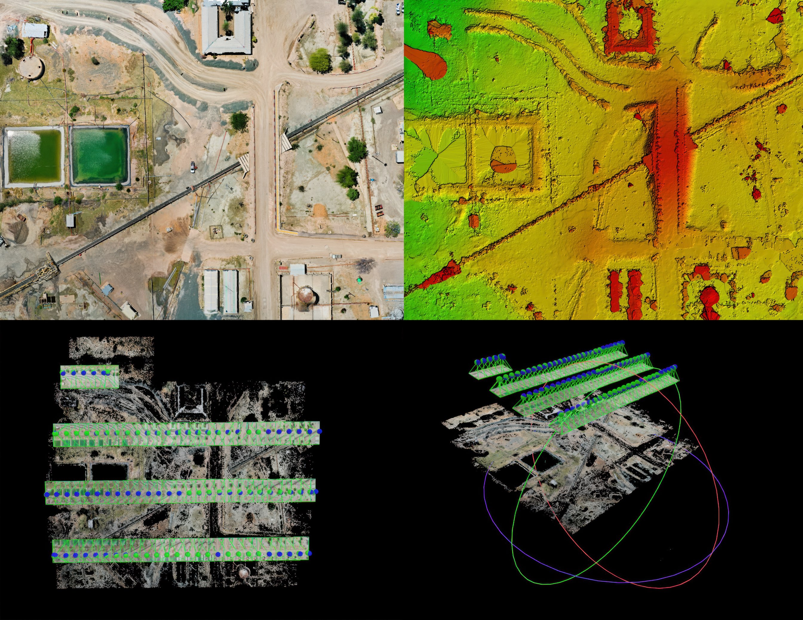 Drone survey deliverables of a development site: true-color orthomosaic, colorized elevation model, and 3D photogrammetry point cloud with camera positions