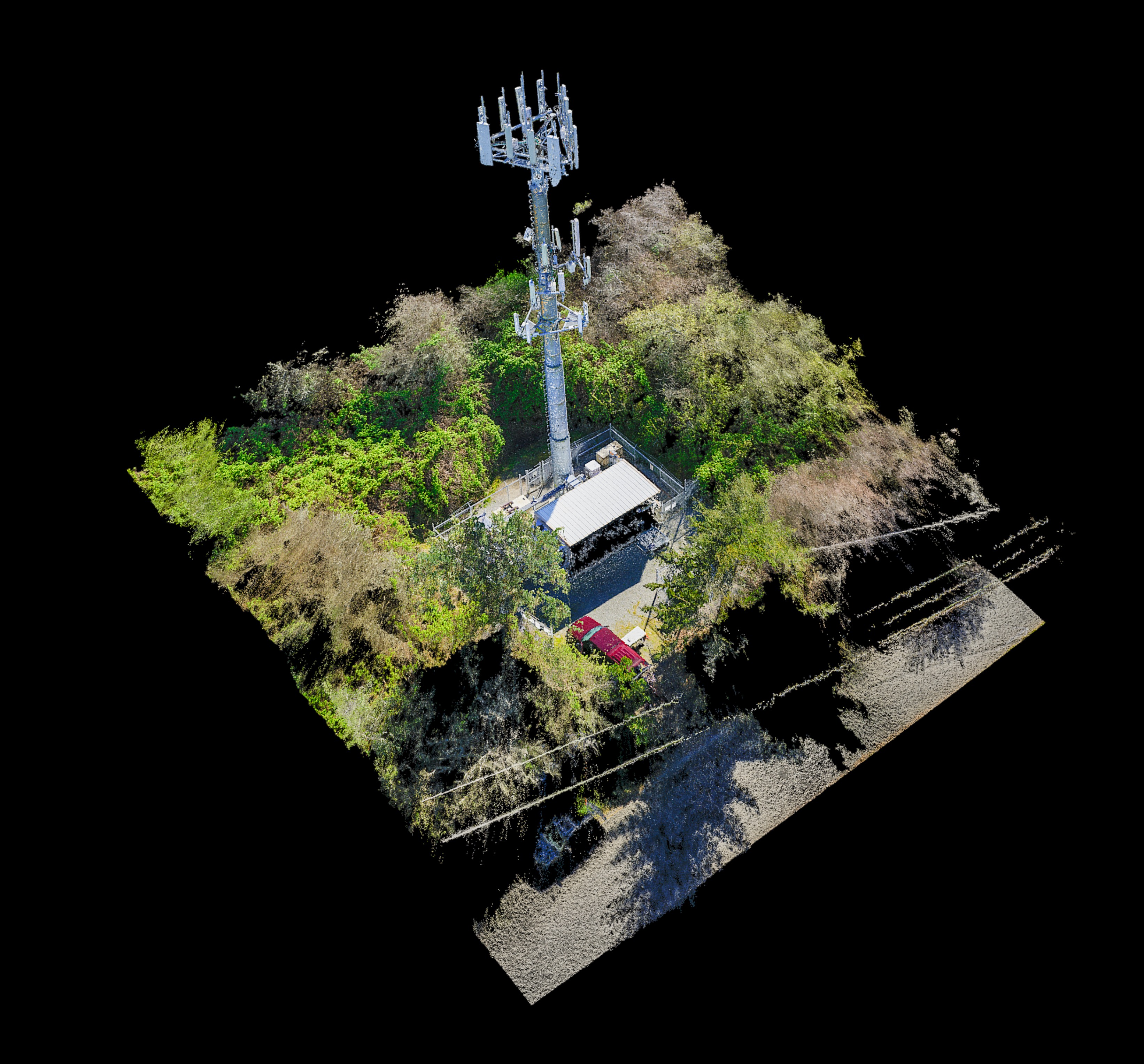 Textured 3D photogrammetry reconstruction of a cell tower site showing the monopole, antennas, equipment shelter, and surrounding terrain