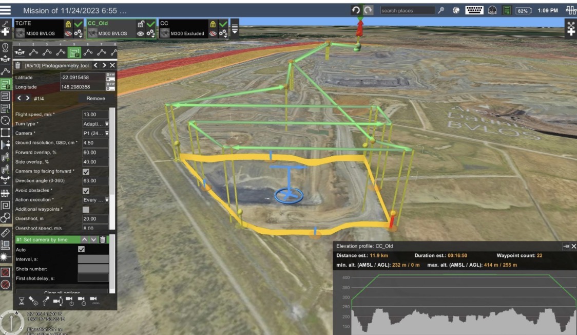 UgCS mission planner laying out a repeatable RTK grid over a construction site with waypoints and coverage overlay
