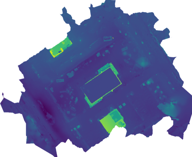 Pix4Dmatic digital surface model of the Westfield construction site, colorized by elevation from roughly 343 to 350 meters